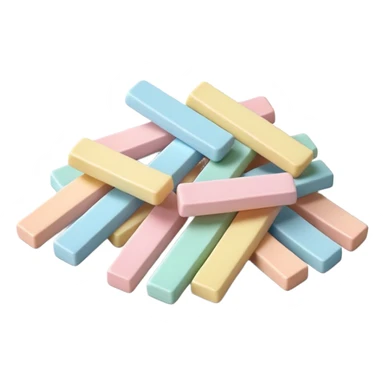 small pile of pastel-colored rectangular gum sticks or square tablets with smooth, slightly glossy coating, uniform pieces, neatly stacked or gently scattered, no wrapper, no mouth, no extras, just the gum, soft lighting, subtle shadows, emoji scale sticker