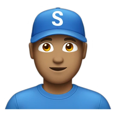 A white men who have a blue cap with letters "SK" and he have a blue shirt sticker