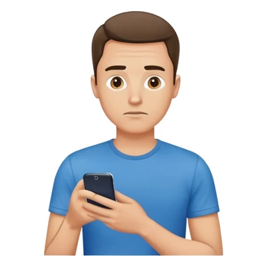 a thoughtful guy in a blue T-shirt holding a cell phone sticker