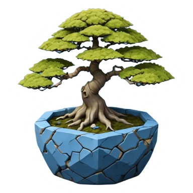 Thailand very old broken intricate Stone Age rocky-crusted dodecahedron-shaped shallow dark moss rough bark blue maple tree bonsai pot sticker