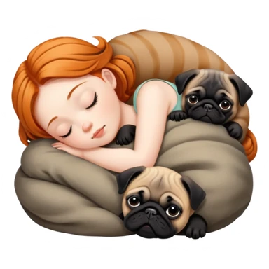 Sleeping ginger girl with black pug puppy and brindle pug puppy sticker