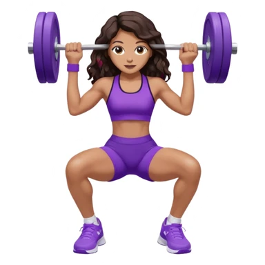 mujer de tez trigueña, con cabello castaño oscuro ondulado con pequeñas ondas, con el cabello super largo hasta las rodillas estilizado, con ropa deportiva morada/lila, tenis blancos deportivos y levantando una pesa sticker