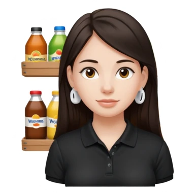 Girl with long dark brown hair with airpods wearing a black wegmans grocery store polo sticker