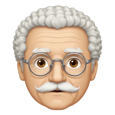 An elderly man emoji with light skin, fluffy curly white hair, thick white eyebrows, brown eyes behind black-framed glasses, a narrow pointed face, and a thin straight white mustache above his mouth. sticker