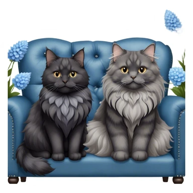 A large black smoke Maine Coon cat with long grey ear tufts and a fluffy grey ruff, sitting next to a chubby British Shorthair cat in blue color with plush fur, both sitting comfortably on a leather sofa. Beautiful room background with flowers and soft lighting. Transparent background. sticker