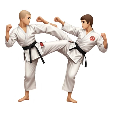 Two karate fighters in traditional gi sparring. One executes a high kick aimed at the opponent’s head, while the other blocks with a strong hand defense. The background features a classic dojo with wooden flooring and banners. Dynamic motion and focused expressions. Transparent background. sticker