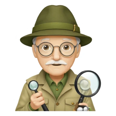 old man in beige moss green explorer outfit, wear black glass, hat, holding magnifying glass sticker