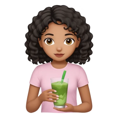 brown girl with wavy to curly black hair with iced matcha. the girl is wearing a baby pink top. sticker