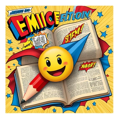 Create a vibrant emoji, representing comic books and graphic novels as an art form. The design should feature a large, opened comic book with vintage comic panels on the pages. Include a pencil (without a hand), writing text or sketching on the pages. The comic panels should have bold lines and retro-style artwork with classic comic book visuals. Use bright, energetic colors like red, yellow, and blue to evoke excitement and creativity. The overall design should feel dynamic, vintage, and artistic. Make the background transparent. sticker