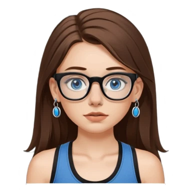 WHITE girl with long brown hair, part going more to the RIGHT side, BLUE eyes, wearing BLACK rectangle plastic frame glasses. SEPTUM nose piercing hoop (at bottom of nose) AND stud nose piercing on right side of nose. Wearing BLACK tank top. sticker
