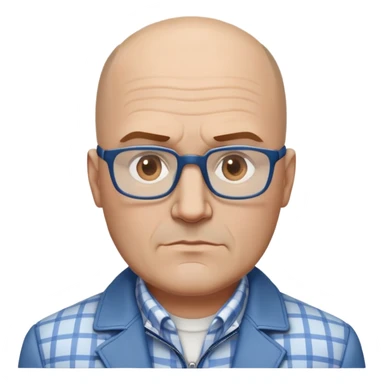 50-year-old heavyset man with very wide face and prominent square jawline. Little to no hair on the sides with some hair on top, balding pattern. Large dark square glasses. Serious-relaxed expression. Light gray jacket that fits his larger frame, white shirt with blue checkered pattern. sticker