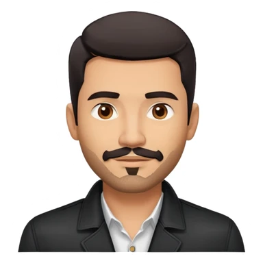 Attractive Hispanic TV host in his mid to late 40s with light brown skin, short straight black hair with pronounced fade haircut, stubble/scruff facial hair instead of full beard, square handsome face with strong jawline, friendly expression, wearing open black jacket with white buttoned shirt sticker