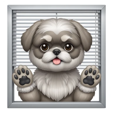 cute all grey shih tzuh behind window shades pulling them open with one paw and peeking through them sticker