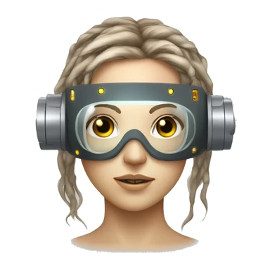 female cyborg head, fair skin, Brown long hair with blonde steaks, space age goggles and circuits sticker