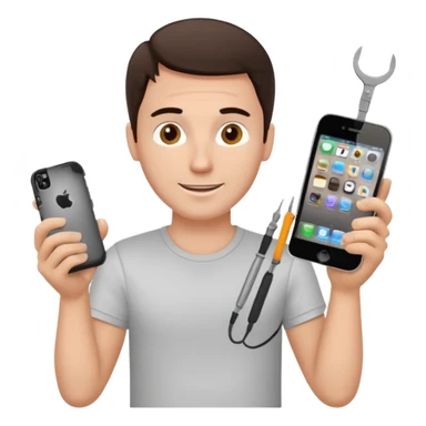 make a white guy with dark brown hair, with a simple white o grey shirt, repairing an iphone happy, tecnician with small tools for phone sticker