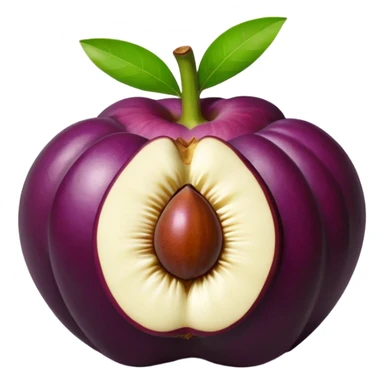 whole mangosteen with thick deep purple rind and green segmented calyx on top, next to a halved fruit revealing glossy white segmented flesh inside, soft juicy interior, firm outer shell, no leaves plate or extras, apple emoji style, soft lighting, subtle shadows, transparent background, emoji scale sticker