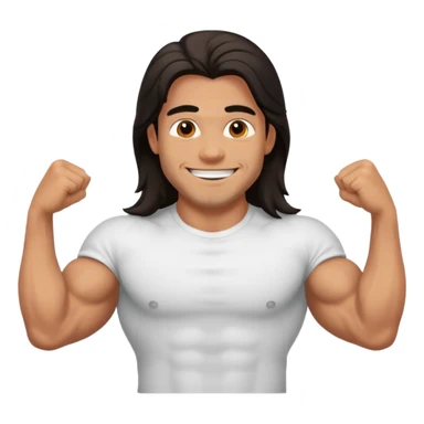 muscled happy guy, long dark hair, t-shirt sticker