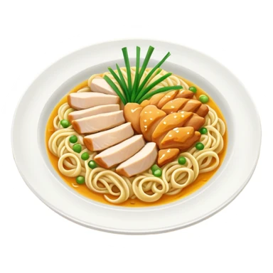 A plate of noodles with yellow sauce and chicken at the top sticker
