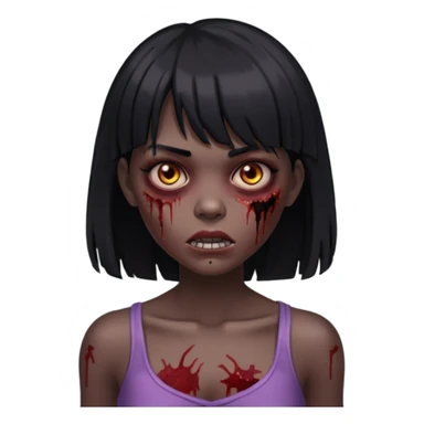 Um zumbi feminino, com cabelo preto e franja, machucados pelo rosto e torso, fundo escuro destacando o rosto com sombras sticker
