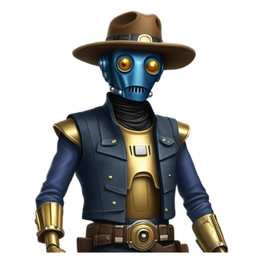 mean bounty hunter tarnished undercover tough well-equipped Jedi life-sized darkblue-pearl C3po leather vest clothing pants and vest old west duster coat holding light saber sheriff holstered gun hat floating sticker