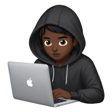 hackeur cheveux noir et capuche noiravec un macbook sticker