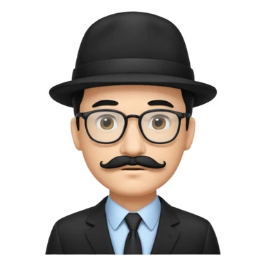 black hair dad in black suit and glasses with mustache and a hat sticker