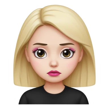 Girl emoji with round face, white skin, sharp eyebrows, frowning face, black shirt, pink lips, and big eyes  sticker