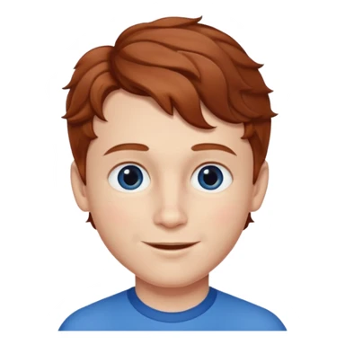 Please generate a portrait of a boy. He has light brown to reddish-brown wavy hair, a right side parting, longer sideburns, blue eyes, a snub nose, and a somewhat pronounced, strawberry-red pout. He is smiling. sticker