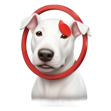 White bull terrier dog with red target sticker