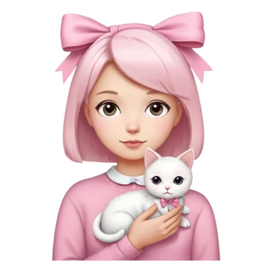 A girl with short hair, using pink sweater and there's a white bow in the middle of the sweater, and she's also using white bow on her hair. Also, she brings a white cat, using pink bow.  sticker
