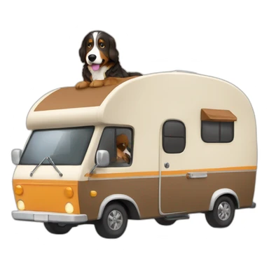 bernese mountain dog driving a camper with a brown hair girl sticker