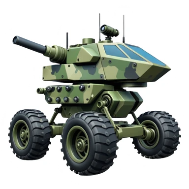 a roomy 4-wheel armored personnel stealth camouflage army massive mech trail vehicle shooting forward side-hill leaning actively independent suspended pod gimbal enemy mech off-road racing rover with large fast engine RC basher  sticker