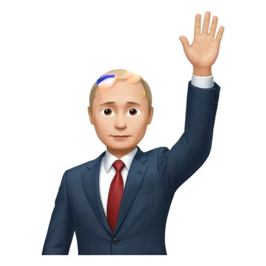 Putin stands with his right hand raised towards the sun sticker