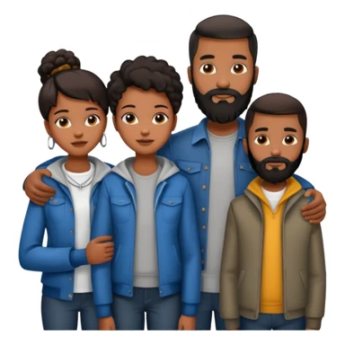 A loving black family of four (4). With a mother,  a 13 yr old son, a 15 yr old daughter, and a father with a full beard, all dressed in urban chic clothing sticker