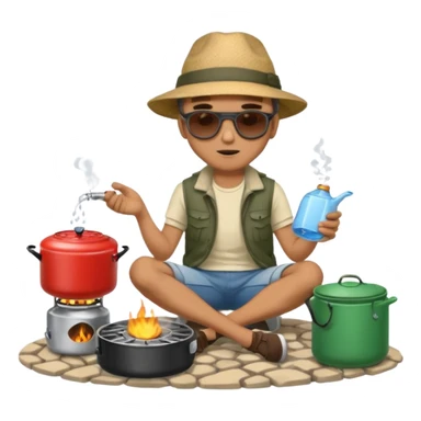 A man camper boiling water on a portable stove, enjoying the outdoor breeze sitting on the ground
 sticker