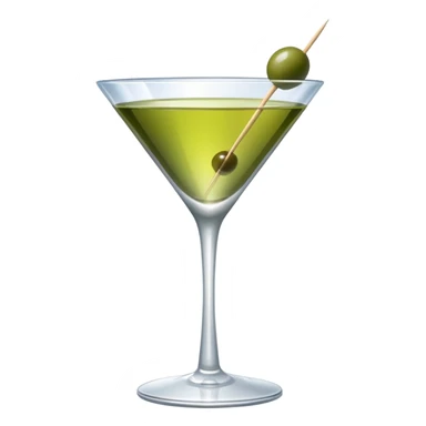martini glass with clear liquid and an olive at the bottom skewered by a toothpick sticker