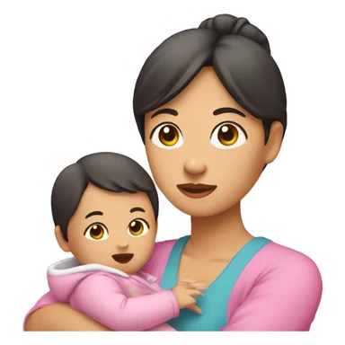 An Asian woman holds a baby with one hand, a pink package in the other hand sticker