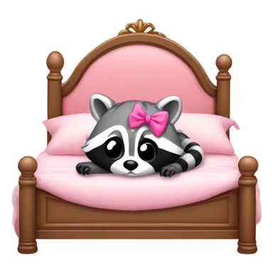 princess style bed with sleeping cute racoon wearing pink bow on head in it sticker