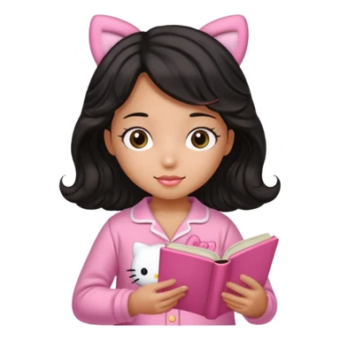 Chica peli negra  cabello ondulado tes trigueña con una pijama rosa de hello kitty leyendo un libro rosa de haditas  sticker