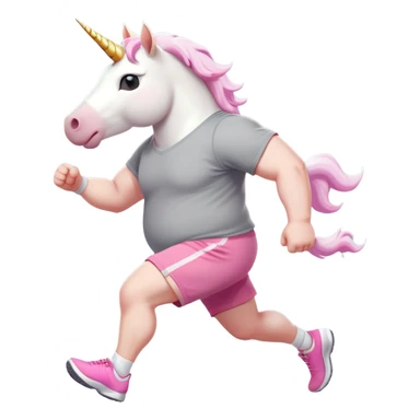 friendly anthropomorphised male white unicorn with an extra chunky, very strong and stocky build, arms and legs matching the white of the head, in grey shorts and pink t-shirt, wearing dark sunglasses, jogging upright in a relaxed pose sticker