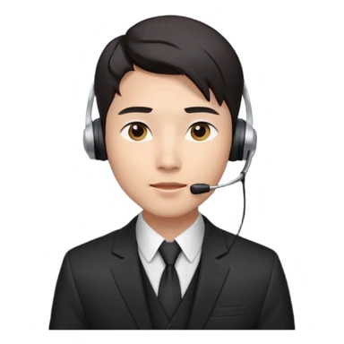 A young Asian man with smooth light skin, dark hair that swoops upward in the front, expressive eyes, a clean-shaven face, and a call-center style headset over one ear, usually paired with a crisp shirt and suit jacket visible from the chest up. sticker
