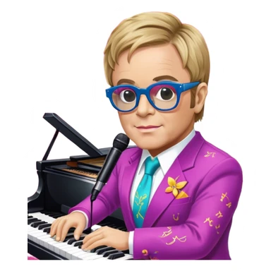 Pop music icon: Elton John at the piano in signature glasses and colorful outfit, George Michael holding a microphone in stylish attire. Stage lights and musical notes in the background. Transparent background. sticker