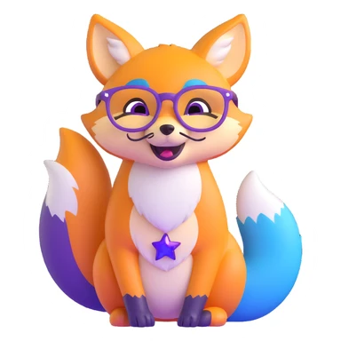 A magical fox with shimmering purple and blue fur, a glowing tail, a silver star on its forehead, and round glasses, laughing so hard that tears are streaming from its eyes sticker