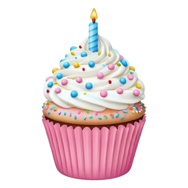 birthday cupcake with white cream, and colorful sprinkles on the top. IOS emoji style. Use pastel colors. pink, sky blue, white. sticker