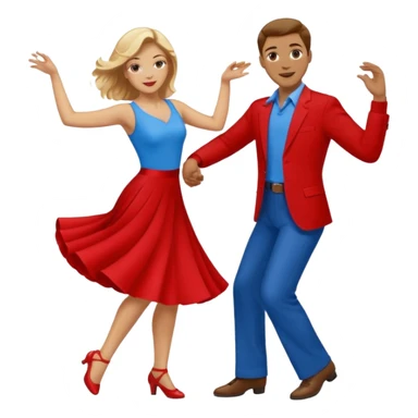 Two people. Man  wearing all red  with brown hair. Women iall blue with blond hair. Swing Dancing.  sticker