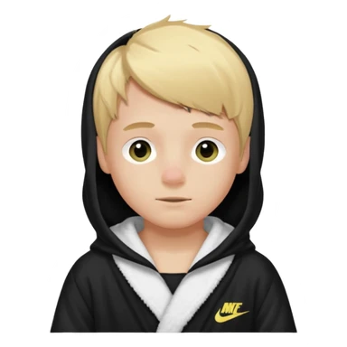 Create a blond boy with long, messy hair, light eyes, a white t-shirt, rich, with long hair, blue eyes, medium-length, voluminous hair, wearing a black Nike bathrobe and a little blush near his nose. and with a balaclava like a ninja sticker