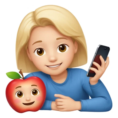 happy little kid with a phone, lying on their stomach, apple style emoji sticker