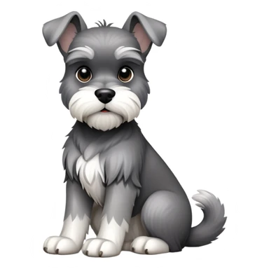 cinematic-[schnauzer]-realistic-full-body-sitting-emoji,-tail-resting-loosely-beside-its-paws,-head-tilted-dramatically, -sleek-[grey and white]-fur,-simplified-yet-realistic-focused-features,-highly-detailed,-glowing-with-an-almost-sarcastic-glow sticker