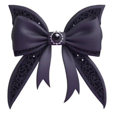 3D emoji gothic bow, white silk, silver crescent moon, black lace overlay, black feather accents, single black teardrop gem sticker