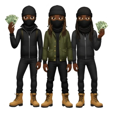 Group of African American men with dreadlocks wearing black ski masks covering their face wearing black skinny jeans and black timberland boots holding money and drugs sticker